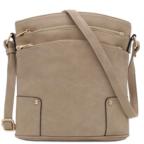 ALYSSA Triple Zip Pocket Large Crossbody Bag - color: Sand