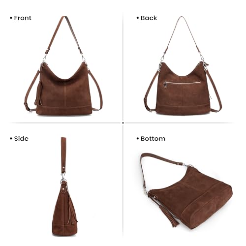 Genuine Leather Hobo Crossbody Bag for Women, Soft Real Leather Bucket, Shoulder Handbag Purse with 2 Removable Strap - color: Red Brown