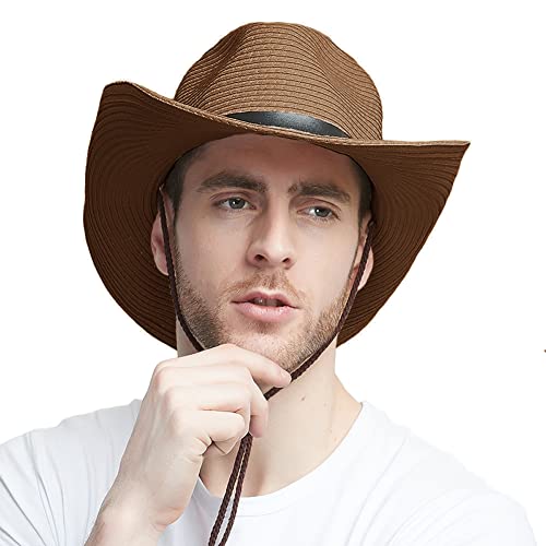 Wide Brim Straw Cowboy Hat for Men Women Western Cowgirl Sun Hat Packable UPF 50+ Beach Cap Shapeable Fedora Panama Cap - color: Coffee