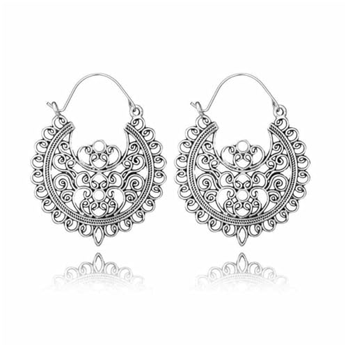 Boho Antique Carved Flower Dangle Drop Earrings for Women Vintage Retro Handmade Hollowed Antiqued Bronze Floral Shaped Geometric Gold Silver Plated Hoop Earrings for Ethnic Style Jewelry Gifts - color: Silver flower hoop earrings