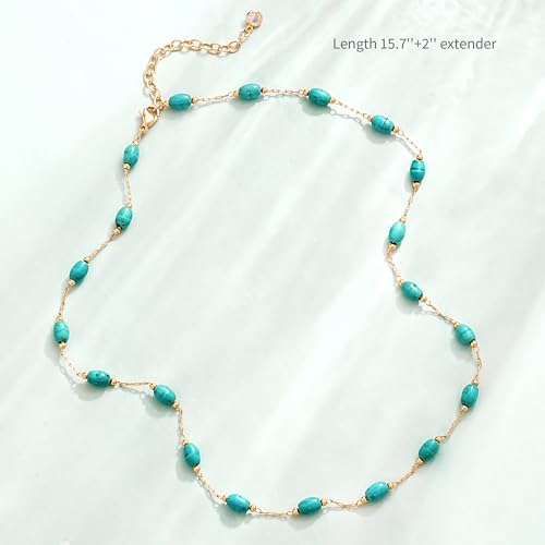 Created Turquoise Necklace for Women 14K Gold Plated Beaded Heart Choker Boho Necklaces Handmade Beach Summer Everyday Western Jewelry Gifts - color: Gold Chain, style: Oval