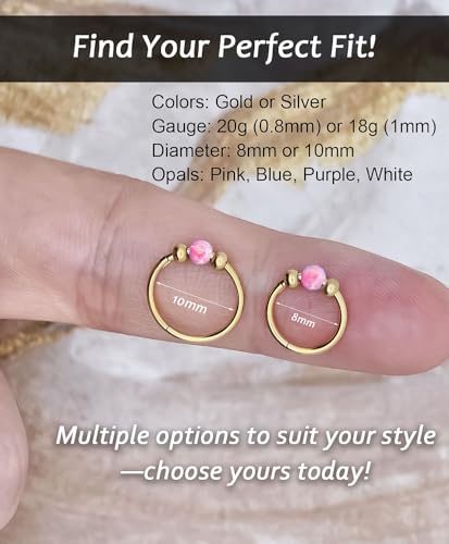 Opal Nose Ring Studs Horseshoe Nose Rings Hoops Stud 316L Stainless Steel Nose Rings Round CZ Square Screw L Shaped Nose Stud Hypoallergenic Nostril Piercing Jewelry for Women Men - color: Gold/Pink gem/18g 10mm hoop/Screw Studs