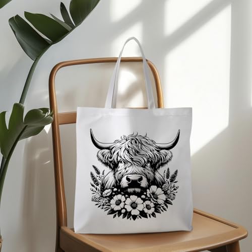 Preppy Animal Tote Bag, Pet Canvas Tote Bag, Reusable Grocery Shopping Shoulder Bags - color: Highland Cow