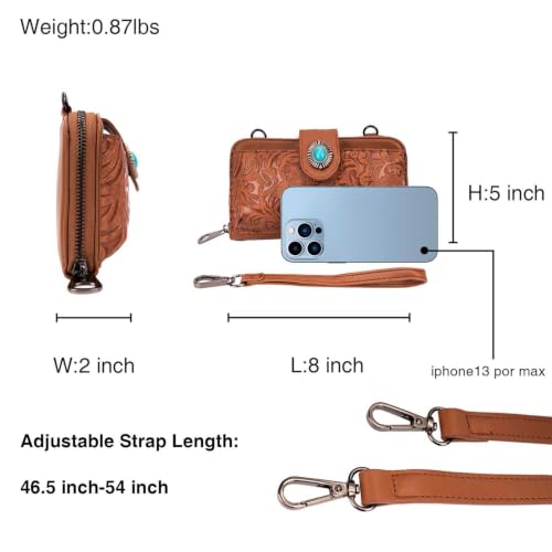 LAVAWA Women's Crossbody Handbag Small Vintage, Ladies Wallet Western Adjustable Phone Purse Clutch Turquoise Concho Embossed - color: Brown