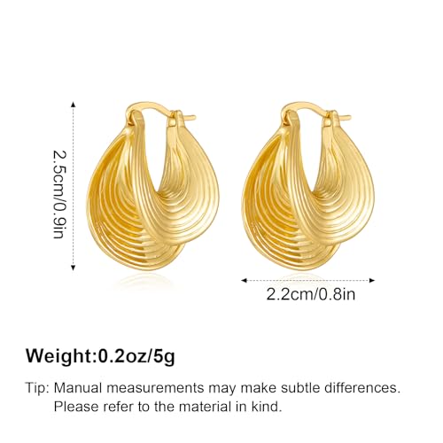 Gold Tone Textured Hoop Earrings 18K Gold Plated Medium Twisted Statement Hoops for Women Minimalist Jewelry