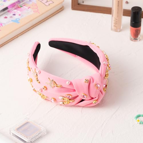 PANTIDE Ballerina Jeweled Knotted Headband - Dancing Girl Ballet Shoes Rhinestone Crystal Pearl Embellished Headband Wide Top Knot Hair Accessories Outfits Birthday Gift for Dancer Women Girl (Pink) - color: Pink Ballet