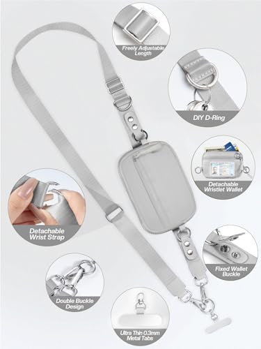 Tiostep Clip and Go Strap for Phone with Wallet Crossbody Phone Lanyard Adjustable and Detachable RFID Wristlet Wallet with ID Window and Zipper, Grey - color: Grey, size: Medium