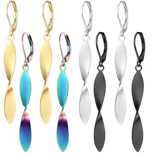 Twisted Leaf Spiral Leverback Hypoallergenic Earrings For Women -18K Gold Plated And Silver Dangle Drop Earrings, Trendy Jewelry Gift - color: SILVER&BLACK&GOLD&RAINBOW