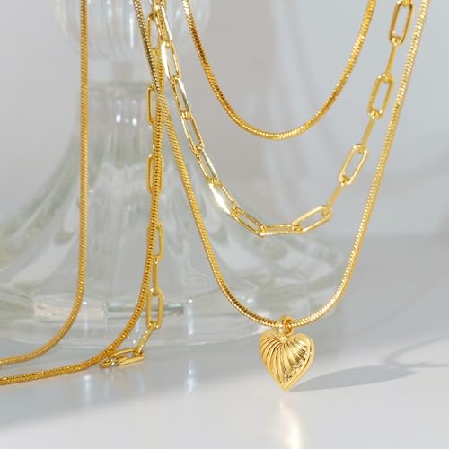 6PCS Layered Gold Necklaces for Women Trendy, 18K Gold Plated Cross Pendant Necklace Set, Vintage Chunky Gold Necklace Stack for Women Jewelry Gifts - style: 3PCS Layered Heart Necklace