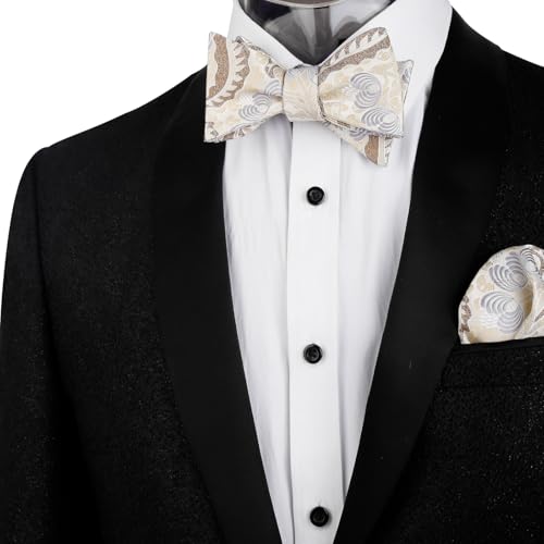Alizeal Mens 2pcs Classic Floral Pattern Self-tied Bow Tie and Handkerchief Set - color: 035-khaki+brown
