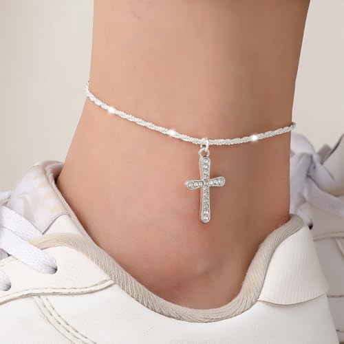 Ankle Bracelets for Women Gold Silver Layered Glitter Anklet for Women Waterproof Beach Cross Anklet Set Dainty Summer Foot Jewelry - color: Cross Anklet