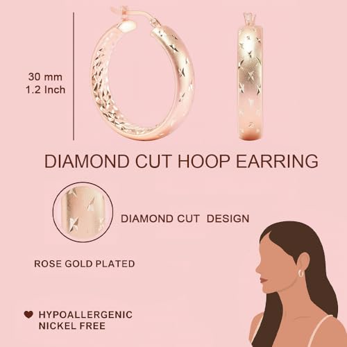 LeCalla 925 Sterling Silver Hoop Earrings for Women | 14K Gold-Plated & Rose Gold-Plated Diamond-Cut Hoop Earrings | Textured Click-Top Hoops Earring Jewelry - color: Rose-Gold Double DC-30MM