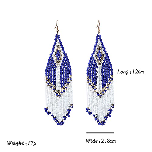 Bohemian Long Rice Beaded Tassel Earrings,Boho Native Handmade Woven Seed Bead Drop Dangle Earrings Statement Jewelry for Women Summer Holiday - color: Blue