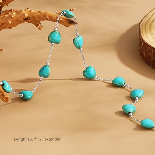 Created Turquoise Necklace for Women 14K Gold Plated Beaded Heart Choker Boho Necklaces Handmade Beach Summer Everyday Western Jewelry Gifts - color: Silver Chain, style: Heart