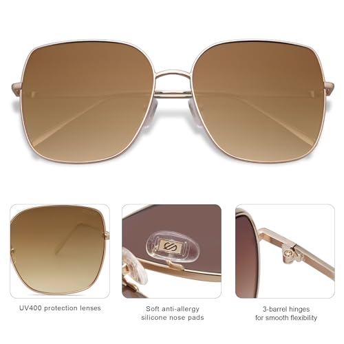 SOJOS Trendy Oversized Square Metal Frame Sunglasses for Women Men Retro Big Flat Lens UV Protection Sunglasses SJ1146 - color: Gold/Gradient Brown