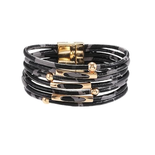 Caiyao Simple Beaded Leather Wrap Bracelets for Women Leopard Print Trendy Layered Stackable Buckle Bohemian Wrist Cuff Bangle Jewelry - color: Black