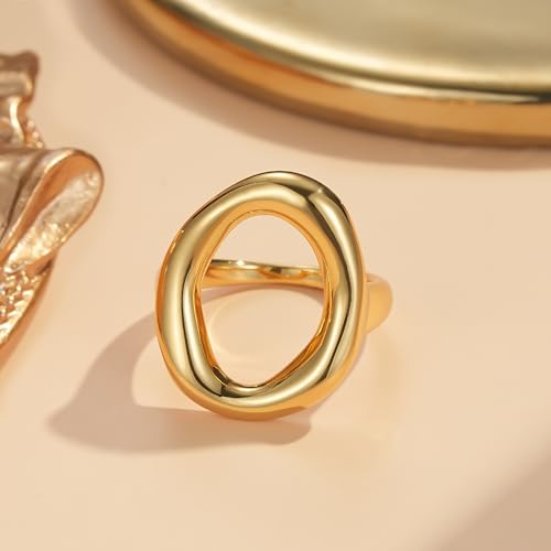 YeGieonr Gold Rings for Women Non Tarnish - 18K Gold Plated Stainless Steel Chunky Oval Statement Ring, Dainty Thick Waterproof Stackable Ring - color: O Shape, size: 7