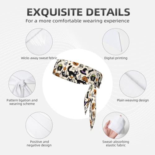 Sports Tie Headband Bandana Running Athletic Sweat Band Elastic Adjustable Sport Head Tie for Men Women Head Ties Ninja Tie Headbands Tennis Sweatbands Soccer Basketball Teams Running Head Band - color: Spooky cat
