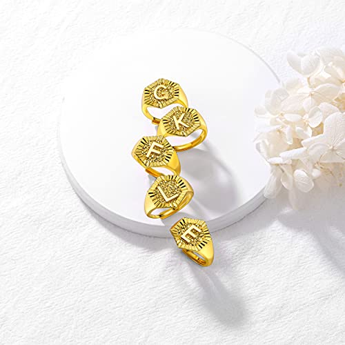 U7 Initial Ring Wedding Band for Men Women 18K Gold Plated Statement Hexagon A-Z Letter Jewelry Personalized Stackable Signet Rings - color: Q
