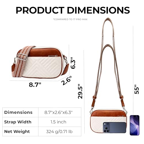 Vantamo Premium Quilted Crossbody Bags for Women with Anti-Pickpocket Clip, Vegan Leather Handbags, Travel Purses for Women - color: White & Brown With Jacquard Strap
