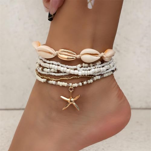 Shell Bracelet,Gold Plated Starfish Ankle Bracelets for Women Waterproof Stack Beaded Anklet Boho Hawaiian Vacation Beach Jewelry Gifts - style: sea shell