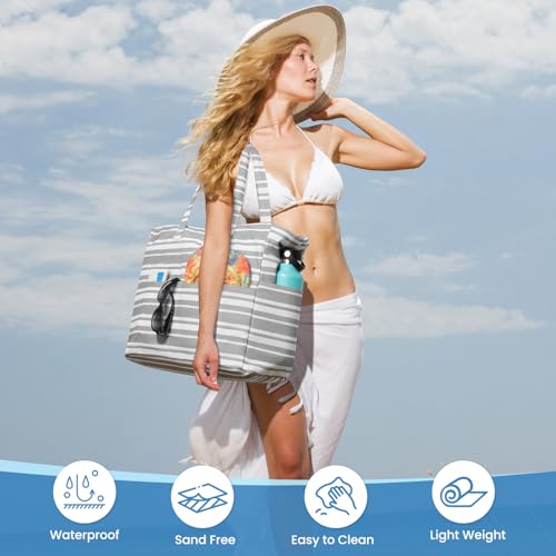 Trifabricy Beach Bags for Women Waterproof Sandproof Women Tote Bag, Large Beach Bag with Zipper for Gym Travel Vocation - color: Grey
