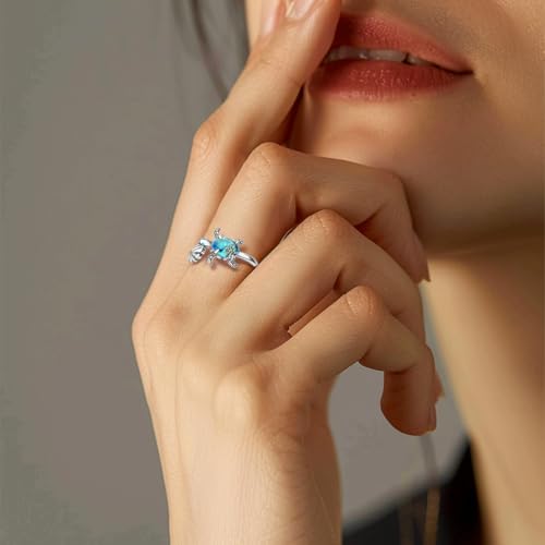 PARCOM Adjustable Women Stackable Ring, 925 Sterling Silver Open Rings - Trendy Eternity Cubic Zirconia Stackable Band Engagement Promise Ring for Her, Hypoallergenic Non Tarnish Nature Bird Floral Thumb Rings - color: Blue turtle shell