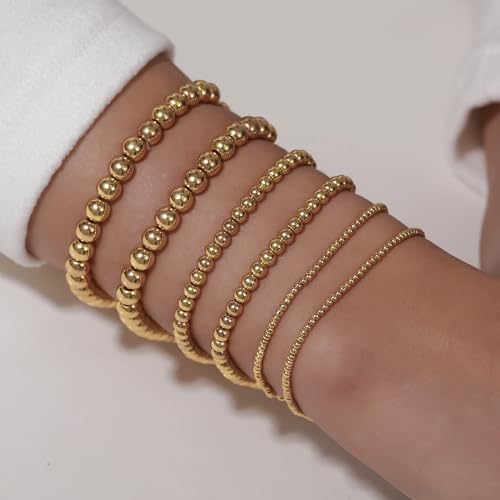 Gold Bracelets for Women 14K Gold Plated Beaded Non Tarnish Bracelets Stretch Bead Ball Bracelet Stack Set Jewelry for Gifts - color: D SET 6PC