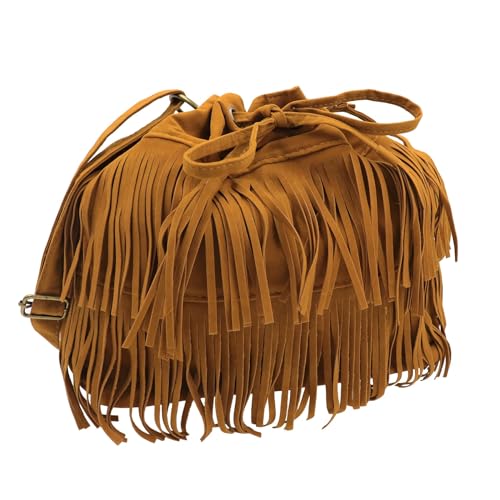 Fringe Hobo Purse Bags for Women Crossbody Purses with Drawstring Ladies Tassel Tote Shoulder Bucket Handbags,Brown - color: Brown(barrel Shape)