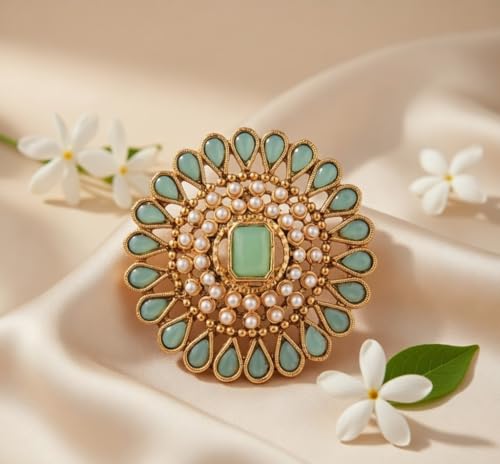 Efulgenz Indian Jewelry Rings for Women Antique Round Faux Pearl Crystal Bollywood Adjustable Big Finger Ring Fashion Party Statement Jewelry for Women - color: Mint