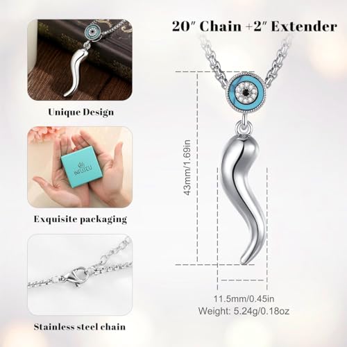 INFUSEU Italian Horn Necklace with Evil Eye for Women Protection Good Luck Gifts - color: Silver, style: Style A