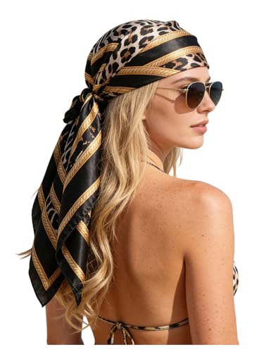 SweatyRocks Women's Printed Satin Hair Scarf Neckerchief Square Scarf Bandanas Head Wraps - color: Black Leopard