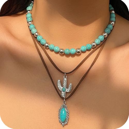 Fuqimanman2020 Boho Layered Western Necklaces for Women Cowgirl Cactus Turquoise Beaded Ox-head Hat Pendant Country Concert Jewelry - color: C