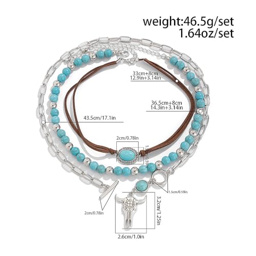 GIGB PBDK Boho Western Necklaces for Women,Turquoise Beaded Layered Necklaces Vintage Cow Cactus Pendant Choker Necklace Set,Cowgirl Jewelry Accessories Gifts - style: A1