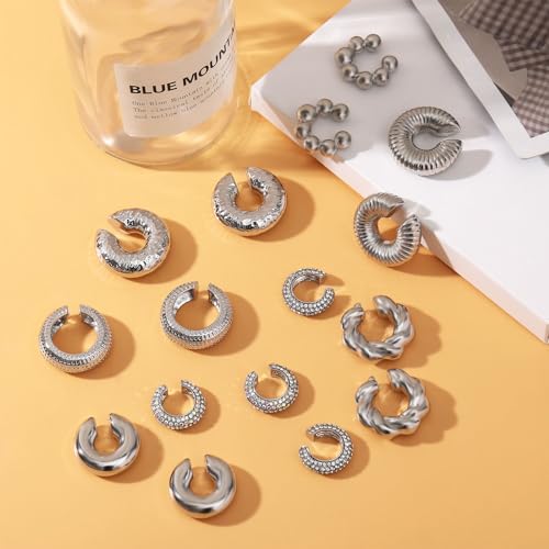 NEWITIN 8 Pairs Chunky Gold Ear Cuff Earrings for Women Trendy Thick Ear Cuffs Non Piercing Clip On Earrings Large Cuff Earring Cartilage Clip for Women - color: Silver/8 Pairs