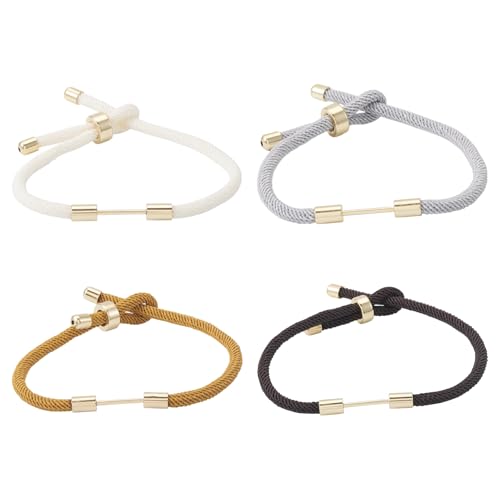 FASHEWELRY 4 Pcs Braided Nylon Cord Bracelet Black Brown White Adjustable Cord Bracelets Woven Friendship Rope Boho Bracelet with Golden End Connector for DIY Jewelry Making (9.45 inch)