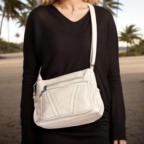 ELDA Crossbody Bags For Women Pocketbooks Soft PU Leather Purses and Handbags Multi Pocket Shoulder Bag - color: Cream Beige