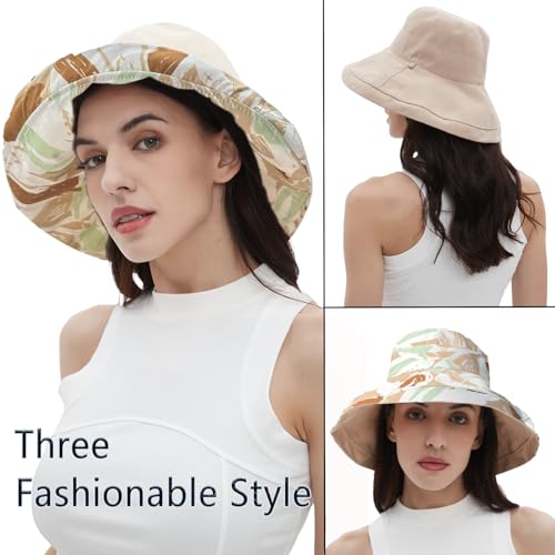 vidsel Womens Sun Hats Wide Brim Reversible Bucket Cotton Hat Packable Summer Travel Cap with Hat Clip,UV Protection - color: Beige2, size: Medium