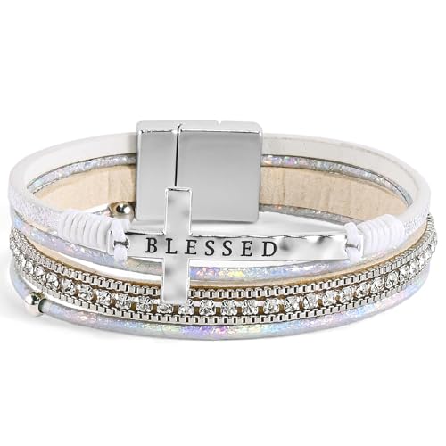 VIBILIA Boho Leather Wrap Bracelets for Women Men Multi-Layer Bracelets with Strong Clasp Western Jewelry - color: 11-Cross-White
