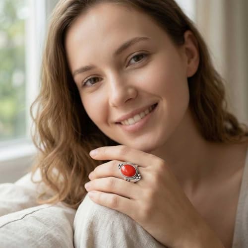 Handmade 925 Sterling Silver Plated Ring Natural Gemstone Carnelian, Rose Quartz, Tiger Eye, Crystal Oval Boho Jewelry For Women - color: Carnelian