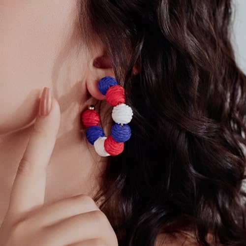 Raffia Hoop Earrings Statement Boho Beaded Earrings Cute Rattan Handmade Colorful Jewelry for Women Unique Summer Outfits - color: 4th of July