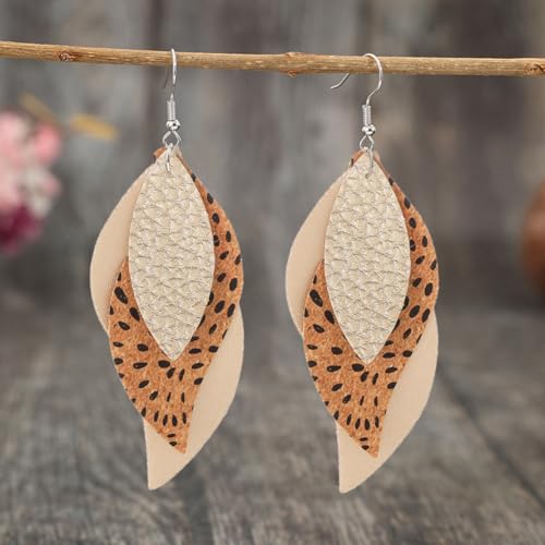 ANXIN boho unique Leather Earrings 2 Layered Lightweight Faux Leather Leaf Earrings Layered Design Drop Earrings Gift for Women - color: Style A