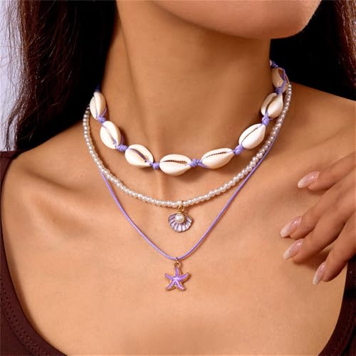 Shell Beach Choker Necklace Set for Women Boho Layered Beaded Adjustable Starfish Conch Shell Nacklace Imitaion Pearl Rice Beads Necklace Summer Ocean Vacation Jewelry - color: Purple