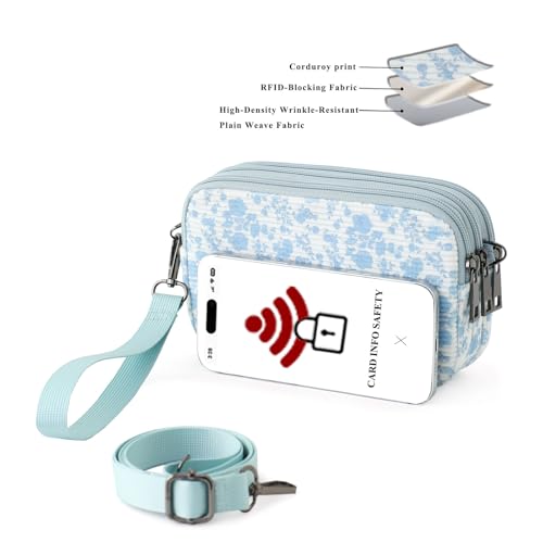 Small Wristlet Wallet for Women, 3-Zip Crossbody Phone Purse - color: Flowerprint/Corduroy