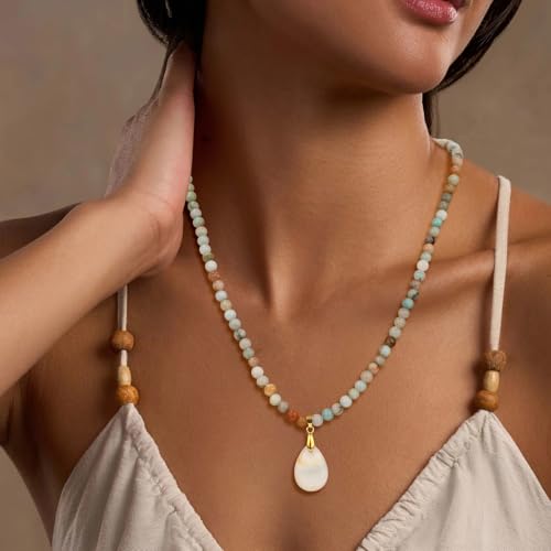 Healing Crystal Necklaces for Women Trendy Natural Stone Beaded Long Pendant Necklaces for Womens Handmade Bohemian Fashion Necklace Jewelry Gift - color: Amazonite