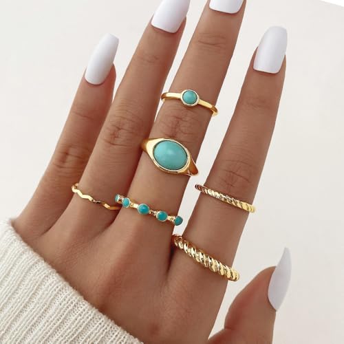 Bohemian Turquoise Ring for Women Chunky Gold Flower Statement Rings Vintage Round Turquoises Stackable Knuckle Ring Set for Women Western Jewelry - style: Turquoise ring-6Pcs