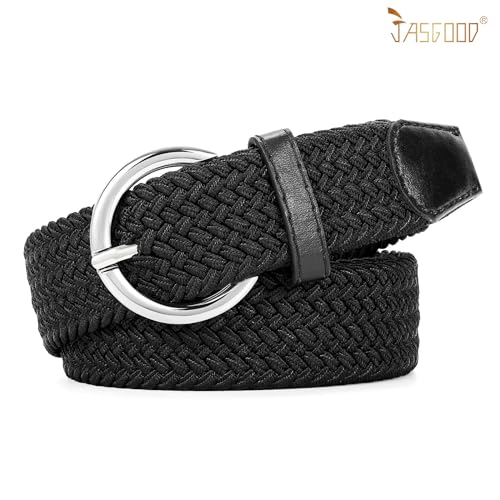 JASGOOD Women Men Braided Woven Elastic Stretch Waist Belt Golf Canvas Fabric Casual Belt for Jeans Pants - color: D-black, size: Fit Size 24"-27"