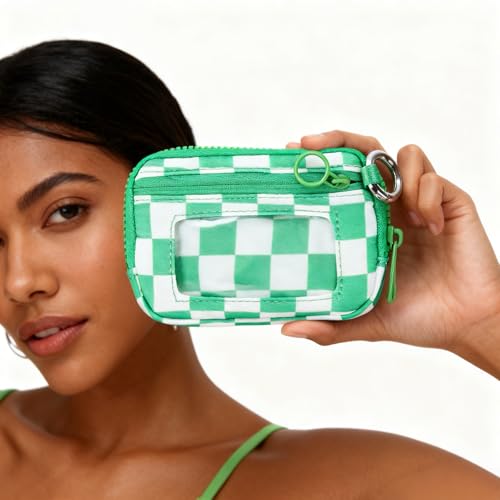 Wristlet Wallet for Women Mini Zip Card Case with Clear ID Window Zipper Coin Purse Lightweight Portable Keychain Wallet - color: Green Lattice