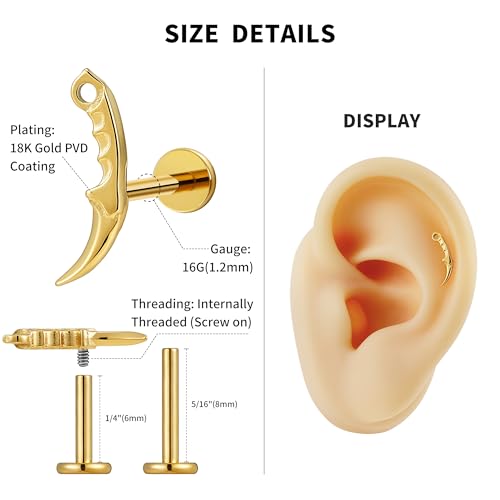 FINE4U 1PC ASTM F136 Titanium Internally Threaded Piercing Jewelry Stud 16G 6mm 8mm for Helix, Tragus, Conch, Flat - color: Dagger - Gold