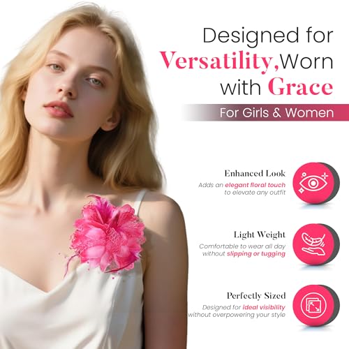 4.72 Inches Elegant Hair Clip Large Flower Brooches for Women | Flower Mesh Ponytail Holder & Hair Clips for Wedding | Charming Floral Lapel & Brooch Pins for Women Fashion (Pink) - color: Rose Red
